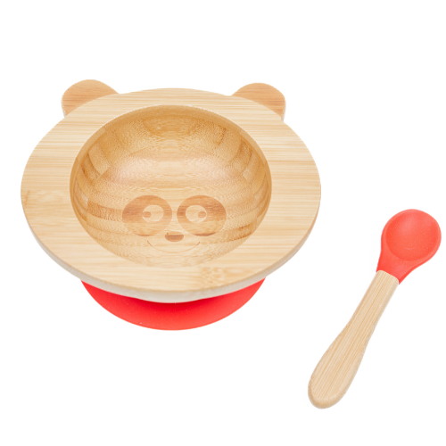 Cap Bambou -- Set de repas bébé bambou + silicone rouge (bol + cuillère)